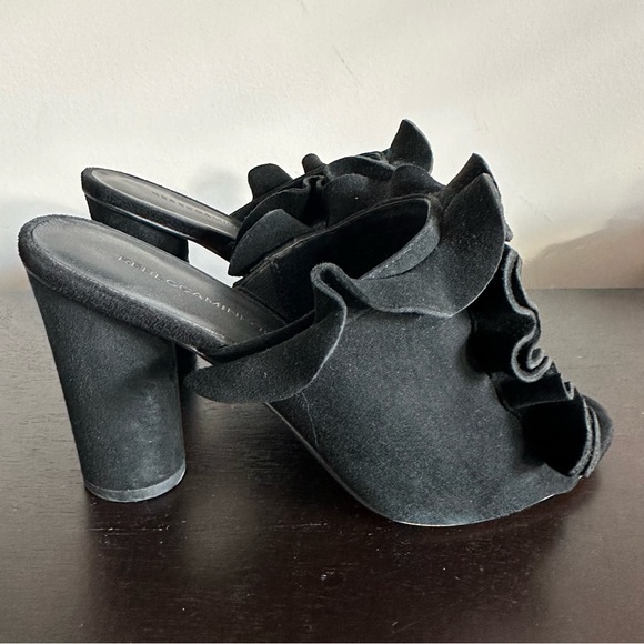 Rebecca Minkoff Jaxon Mules Black Suede Ruffled Heels Sandals - Picture 2 of 9